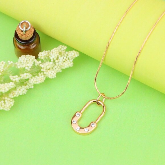 "Rose Gold Modern U-Shaped Pendant with Sparkling Stone Inlay, XPPT1223 - Picture 7 of 13